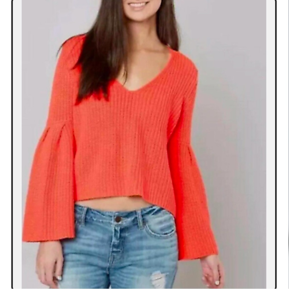 Free People XS Orange Damsel Cropped Bell Sleeve V-Neck Sweater